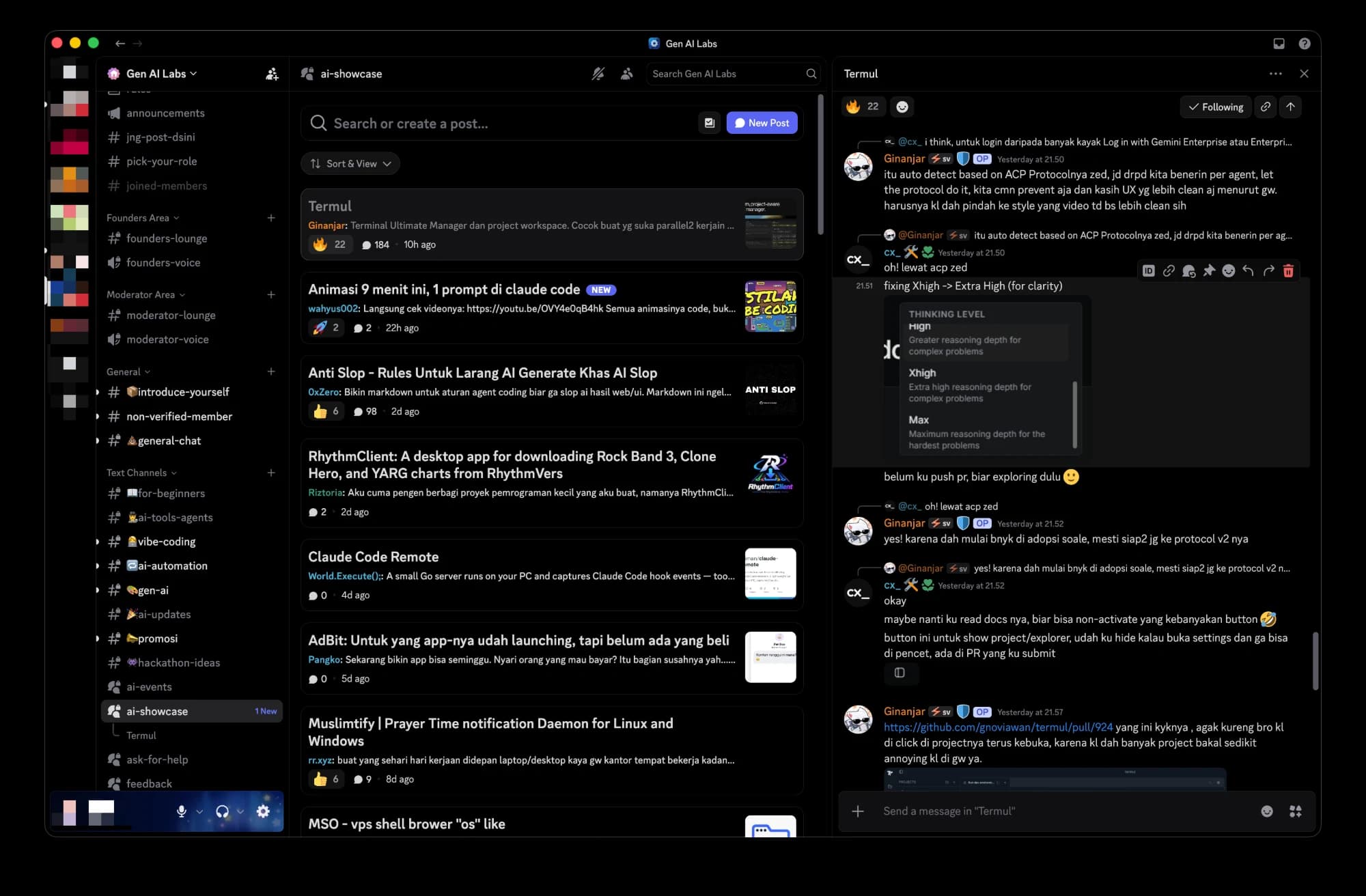 Forum ai-showcase dengan project member seperti Termul yang dibahas dalam 184 balasan.