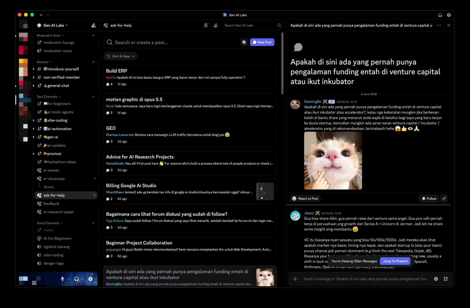 Forum ask-for-help berisi pertanyaan seputar ERP, motion graphic, GEO, dan billing AI.