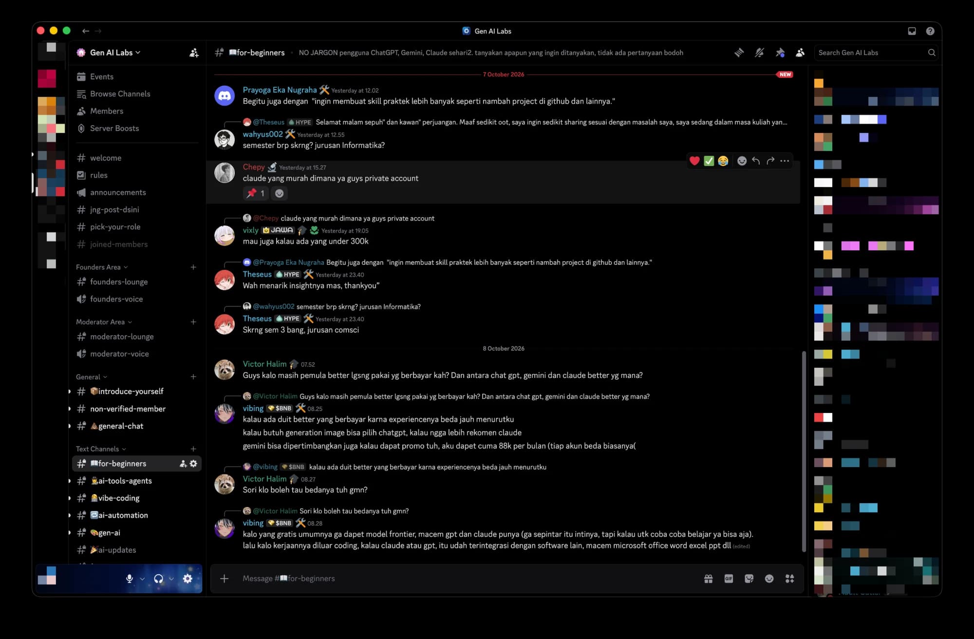 Channel for-beginners di Discord Gen AI Labs: member pemula bertanya soal memilih ChatGPT, Gemini, atau Claude dan dijawab member lain.