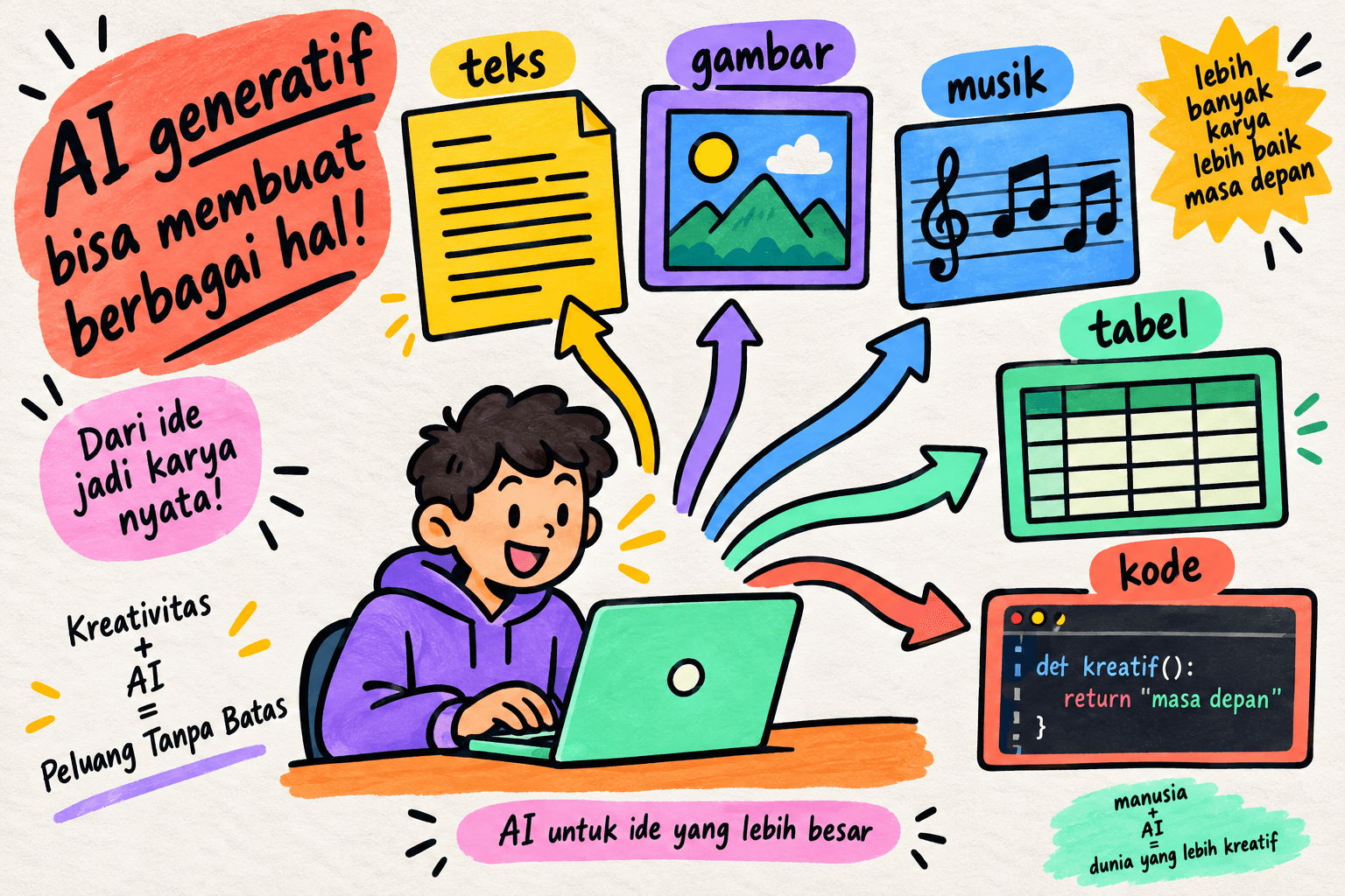 Contoh karya Generative AI: teks, gambar, musik, hingga kode
