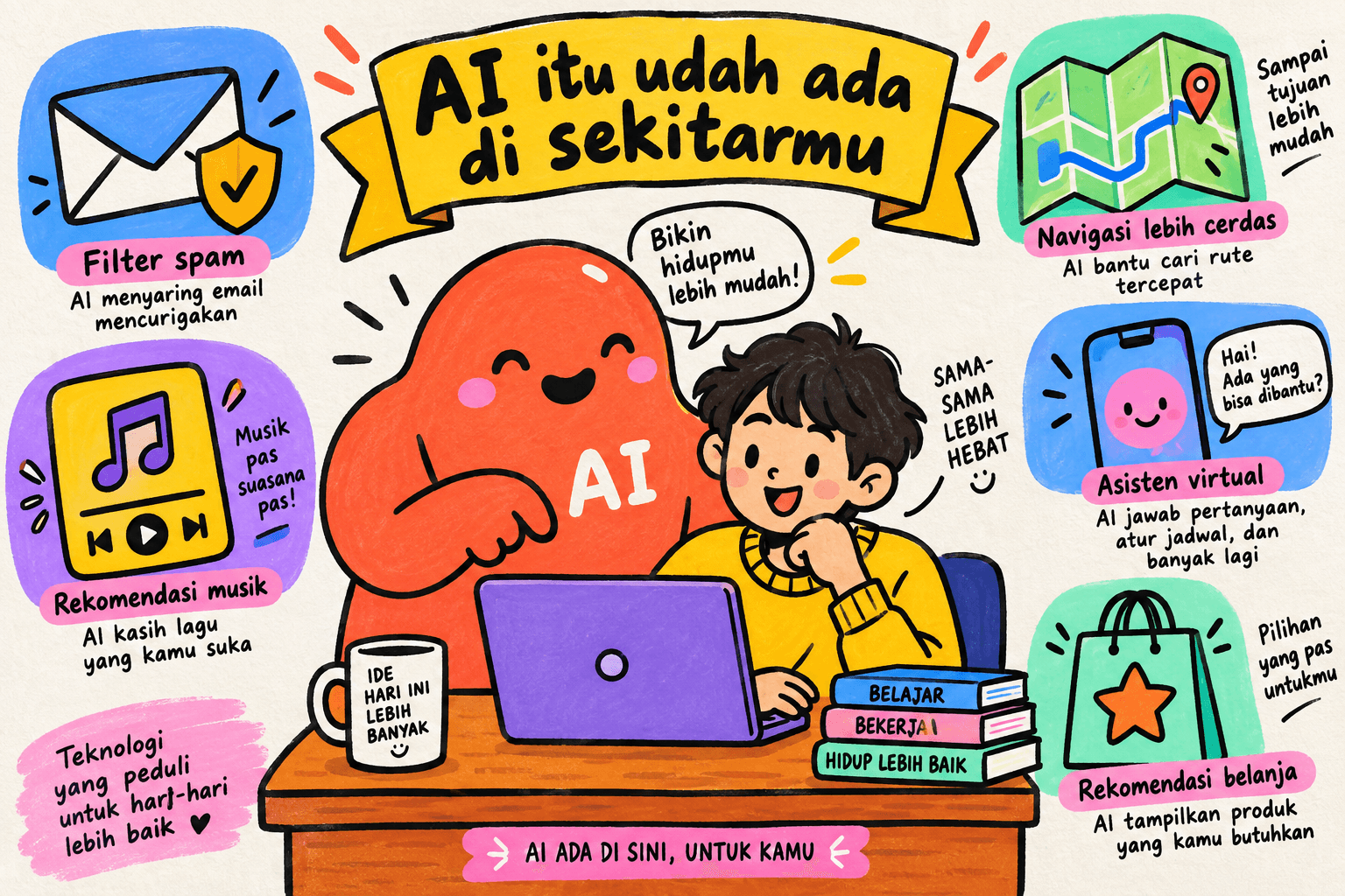 Contoh AI di keseharian: navigasi lebih cerdas, menyaring email mencurigakan, hingga rekomendasi musik